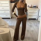 KYLETHOMASW  -  Retro Striped Casual Suits Casual Lace Hanging Neck Collar Vest Long Sleeved Cover Up Shirt Low Waist Straight Leg Pants 트위드 투피스