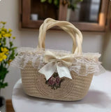 KYLETHOMASW  -  Sweet Cute Lolita Woven Handbag Women Lace Trim Embroidered Flower Exquisite Small Bag Ladies  Elegant Casual Style Gentle Purse