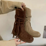 KYLETHOMASW  -  Brown Suede Boots Woman Round Toe Fall Winter Gothic Shoes Fashion Chunky Heels Knee High Boots Western Style Ladies Shoes