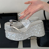 KYLETHOMASW  -  Designer Crystal Sequin Cloth Platform Wedge Slippers Women Street Style Clip Toe High Heels Banquet Summer Shoes