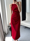 KIylethomasw Summer Korean Elegant Slim Red Sleeveless Midi Dress New Fashion Spaghetti Straps Bodycon Split Clothes Office Lady Vestidos