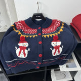 KYLETHOMASW  -  Sweet Hot Girl Retro Knitted Cardigan Women's Winter Snowman Pattern O-neck Loose Sweater Coat Fashion Female Clothes