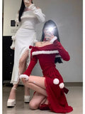 KYLTHOMASW  -  Sweet Hot Girl Christmas Red Dress for Women's Autumn and Winter Pure Sexy Slim Fit Off Shoulder Dress Fashion Female Clothes