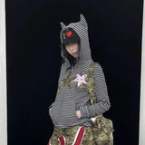 KYLETHOMASW  -  Korean Fashion Y2k Harajuku Style Black White Striped Hooded Jacket Womens Spring Autumn Slim Fit Star Patch Short Zip Coats Top