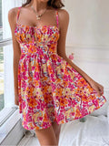 KYLETHOMASW  -  New Summer Pink Floral Print Women Dress Colorful Spaghett Strap Dresses Square Neck Short Dress Beach Style Casual Mini Dresses