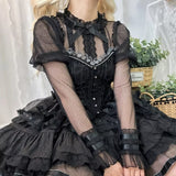 KYLETHOMASW  -  Vintage Mesh White Shirts Women Japanese Lolita Lace Bow Black Blouses Summer Kawaii Cute Ruffles Long Sleeve Design Tops