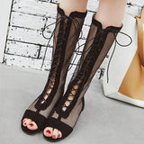 KYLETHOMASW  -  2025 Women Sandals Block Heels 3cm Zipper Lace Up Flock Suede Breathable Mesh 41 42 43 Fashion Summer Knee High Bota