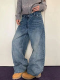 KYLETHOMASW  -  Women Vintage Blue Y2K Jeans American Retro Streetwear Pockets Star Print Design 2000s Grunge Harajuku Baggy Denim Pants