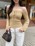 KYLETHOMASW  -  Korean Solid Chic Slash Neck Long Sleeve Bow Slim Thin Elegant Knitted Pullovers