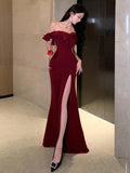 KIylethomasw 2024 Summer Red Sexy Club Backless High Split Ruffles Wrapped Hip Dress Elegant Luxury Off Shoulder Party Evening Dresses Women