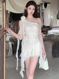 KYLETHOMASW  -  Y2K Sweet Fairy Womens Dresses Elegant White Diagonal Collar Ruffle Birthday Party Mini Dress Fashion Slim Waist Short Vestidos