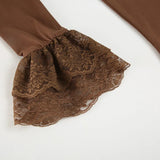 KYLETHOMASW  -  Socialite temperament retro brown V-neck lace ruffle slim fit long sleeved autumn slimming top with flared sleeves inside