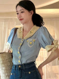 KYLETHOMASW  -  Blue Embroidered Shirts Lapel Sweet Temperament Blouses Vintage Y2k Clothing New Korean Fashion Blusa Mujer Moda