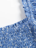 KYLETHOMASW  -  Retro French Style Blue Floral Print Square Collar Dress Puff Sleeve Elastic Ruched Chest Woman Dresses Holiday Robe Female