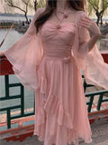 KYLETHOMASW  -  Women Summer French Elegant Midi Dresses Vintage Folds Solid Ruffle Party Prom Robe Fairycore Neck Mounted New Fashion Dress