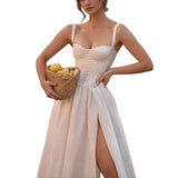 KYLETHOMASW  -  Sexy Bra Chest With Wire Corset Style Low Waist Spliced Ruched Pleated Swing Slit Long Midi Dress Women Bodycon Sling Robe White