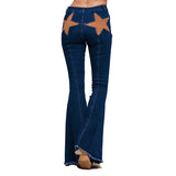 KYLETHOMASW  -  Vintage Women Contrast Five-point Star Patchwork Denim Flared Pants Baggy Dragging Jeans Trousers Chic Elegant Casual Short Pant