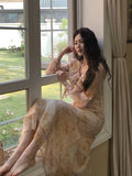 KYLETHOMASW  -  Women Clothes Chiffon Sweet Floral Print Puff Sleeve Slim A-Line Long Dress Elegant Lady Party Vestidos Robe Casual Autumn New