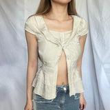 KYLETHOMASW  -  Peter Pan Collar Tiered A-line Blouse Sweet Slimming Back Tie-up Bow Shirts Chic Fashion Short Sleeve Top Ladies Summer