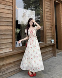 KYLETHOMASW  -  Women's Floral Print Chiffon Maxi Dress Puff Sleeve Square Neck Ruffle Trim Tie Front Long Dress for Summer