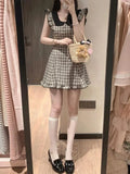 KYLETHOMASW  -  Coquette Vintage Plaid A Line Mini Dress Women Flutter Sleeve Doll Collar Lace Trim Button Front Teddy Bear Daily Party Dresses