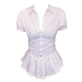 KYLETHOMASW  -  Women Striped Cinched Waist Peplum Shirt Puff Short Sleeve V Neck Button Down Vintage Office Lady Y2K Elegant Casual Blouse Top