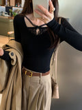 KYLETHOMASW  -  Y2k Sexy Solid Lace Patchwork V Neck Long Sleeve Slim Waist All Match Women's T-shirts