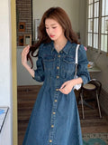KYLETHOMASW  -  Autumn Spring New Design Vintage High-Waisted Long Denim Dress Women Single Breasted Slim Waist Pleated Mid-Length Dresses