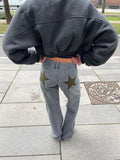 KYLETHOMASW  -  Y2K Star Patch Jeans Women High Waist Floor Length Denim Pants Retro Streetwear Embellished Gothic Punk Party Trousers