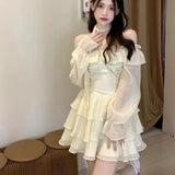 KYLETHOMASW  -  Elegant Mini Dresses Woman Solid Off Shoulder Ruffles A-line Long Sleeve Lace-up Short Party Dress Korean Fashion One Piece New