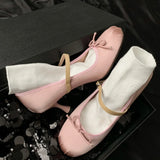 Kylethomasw   - Women's satin fabric sweet bow tie slip-on Mary Jane pumps elegant ladies pink daily dress heeled shoes for woman 2024 spring