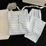 KYLETHOMASW  -  Fashion Striped Print Women's Casual Pyjama Set Spring/Autumn Y2K Simple O-Neck Pullover Top Long Sleeve Two-Piece Set Homewear