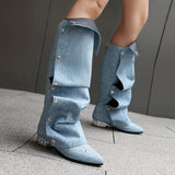 KYLETHOMASW  -  Women's Runway Denim Slouchy Boots Light Blue Chic Snap Fastener Boots Black Pearl Back Zip Modern Shoe Biggest Size 48