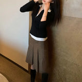 KYLETHOMASW  -  Korean Plaid Contrast Color Casual Mid-length Skirt Women Autumn New High Street Fashion All-match Pleated A-line Skirt