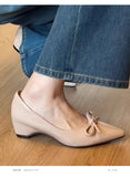 KYLETHOMASW  -  Elegant Soft Inner Heightening Single Shoes Leather Butterfly Knot Pointed Toe Low Heel Summer Spring Autumn Women's Flats