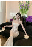 KYLETHOMASW  -  Fashion Women Evening Gown Fake 2-Piece Lace Sexy Chest Wrapped Bodycon Maxi Long Dress Elegant Lady Holiday Party Robe Vestidos
