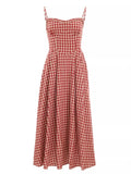 Kylethomasw Elegant Plaid Midi Dress Women French Vintage Spaghetti Strap A-line Spring Summer Holiday Beach Style Prom Robe Vestidos Mujer