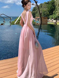 KYLETHOMASW  -  Women Pink Temperament Backless Pleated Vest Dress Summer New Elegant Ladies V-neck Sleeveless High Waist Vestidos Robe
