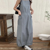 Kylethomasw Vintage Off-shoulder Solid Color Casual Mid-length Dress Women Summer New Korean Drawstring Pleated Loose Sling Dress