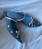 KYLETHOMASW  -  Sweet Spring Style Blue Denim Pointed-Toe Slingback Heels White Daisy Embroidery Bow Accent Adjustable Ankle Strap Stiletto Heel