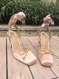 KYLETHOMASW  -  Pink Color Silk Satin Women Sandals Ankle Strap Lace-Up Ribbon Single Shoes Female Summer Elegant Lady High Heels Dressing Party