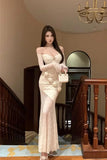 KYLETHOMASW  -  Spring French Sexy Elegant 3D Flower Evening Gown Women Backless Flared Sleeves Lace Bandeau Dress Chic Banquet Party Gown