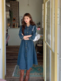 KYLETHOMASW  -  Autumn Spring New Design Vintage High-Waisted Long Denim Dress Women Single Breasted Slim Waist Pleated Mid-Length Dresses