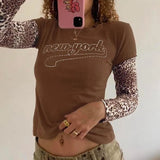 KYLETHOMASW  -  style leopard print patchwork long sleeved top with round neck and letter print for slimming effect, two fake T-shirts for women