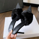 KYLETHOMASW  -  Summer Women's Furry Fur High Heels Mules Sandals Pointed Toe Slip On Stiletto Slipper Ladies Sexy Party Dress Heeled Sandals