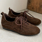 KYLETHOMASW  -  women's natural suede leather round toe lace-up flats oxfords high quality soft comfortable casual female flats shoes