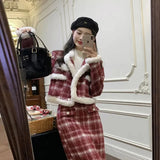 KYLETHOMASW  -  Wool Skirt Set Lady Christmas Knot Day Atmosphere Checkered Coat With Skirt Suits Autumn/Winter Red Grid Hairy Small Fragrant