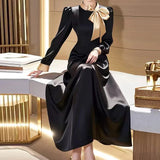 KYLETHOMASW  -  early autumn women's black satin long-sleeved dress formal settings high-end French waist bow dress