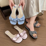 KYLETHOMASW  -  Summer Plaid Satin Bow Knot Women Slippers Concise Square Toe Lightweight Slip On Slides Outdoor Daily Walking Vacation Shoes