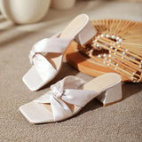 KYLETHOMASW  -  French Style Satin Soft Surface Comfortable Simple Open-Toe Square Head High Heel Beach Sandals Rubber Sole Square Toe Shoes